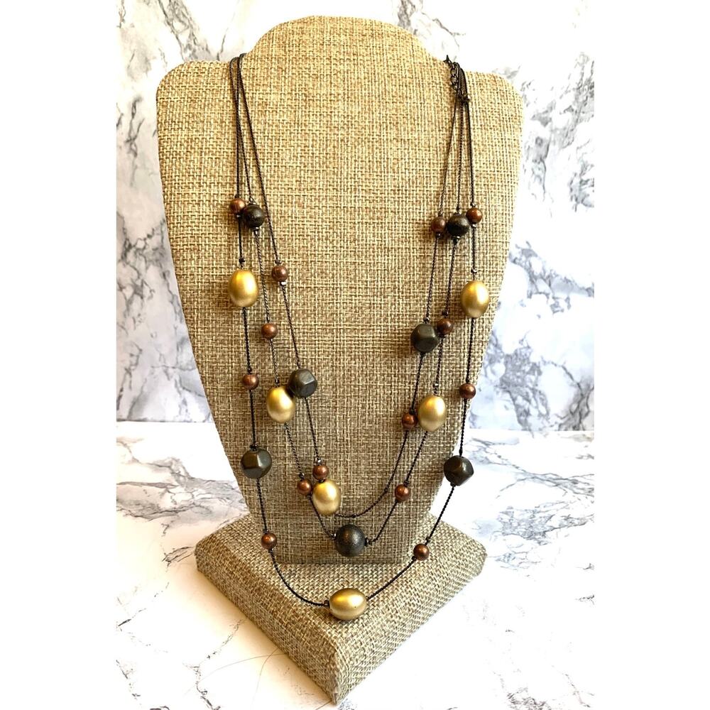 Vintage Faux Pearl Three Strand Station Necklace Bronze & Gold NY Collection